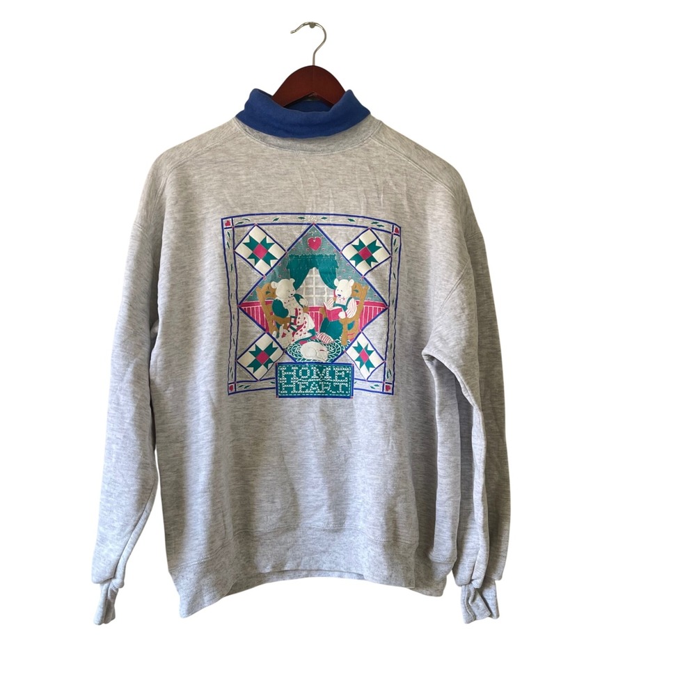 Vtg 80s Graphic Sweatshirt Gray Mock Neck Bear Couple Home Sweet Home Size large